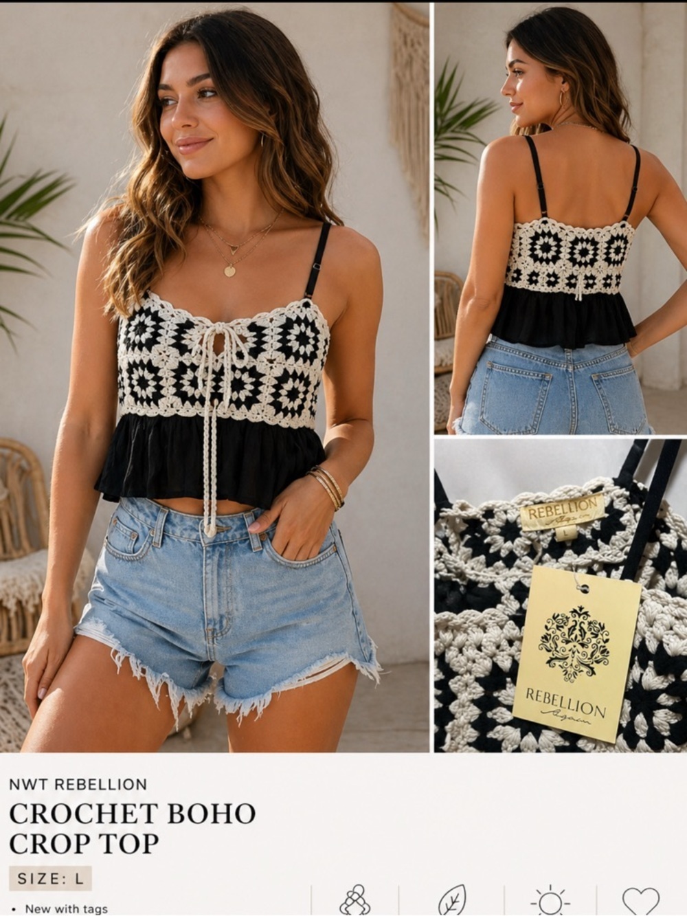 NWT Rebellion Crochet Boho Crop Top Black White Granny Square Festival Size L
